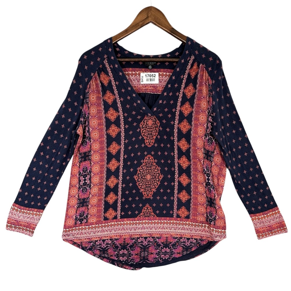 Lucky Brand Medallion Print Top Women Large Navy Blue Excellent Boho V-Neck Knit